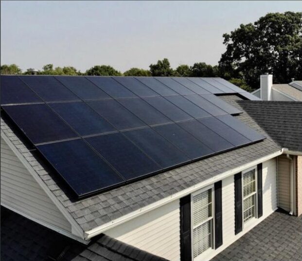 Residential home with rooftop solar panel installation